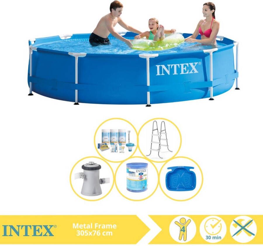 Intex Metal Frame Zwembad Opzetzwembad 305x76 cm Inclusief Onderhoudspakket Filter Trap en Voetenbad