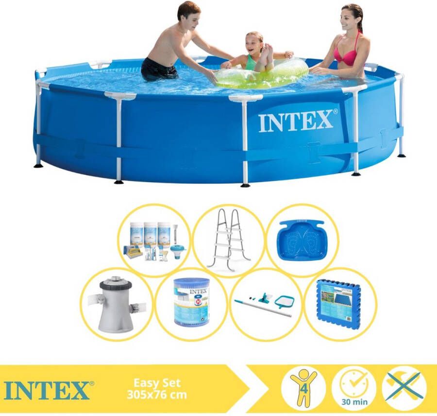 Intex Metal Frame Zwembad Opzetzwembad 305x76 cm Inclusief Onderhoudspakket Zwembadpomp Filter Onderhoudsset Trap Voetenbad en Zwembadtegels