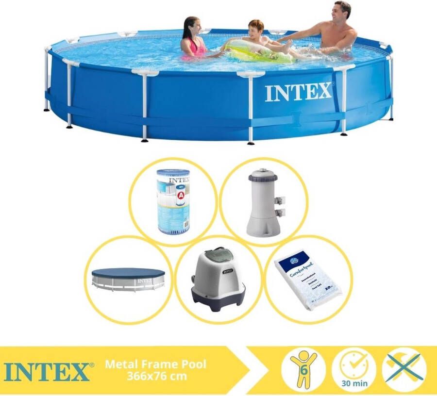 Intex Metal Frame Zwembad Opzetzwembad 366x76 cm Inclusief Afdekzeil Filter Zoutsysteem en Zout