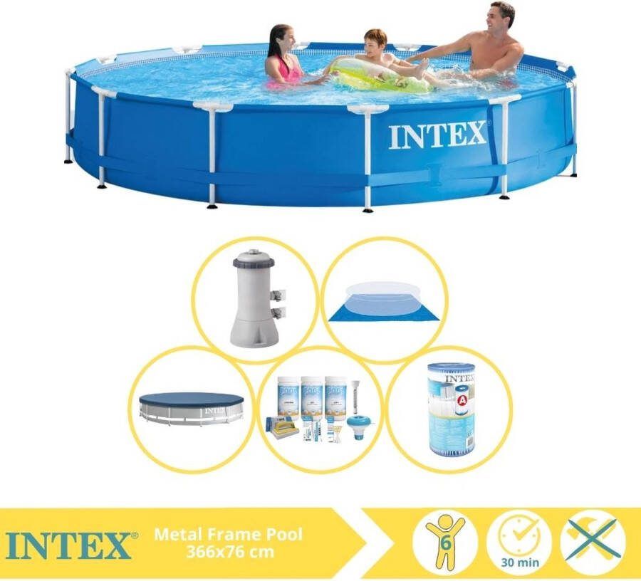Intex Metal Frame Zwembad Opzetzwembad 366x76 cm Inclusief Afdekzeil Onderhoudspakket Filter en Grondzeil