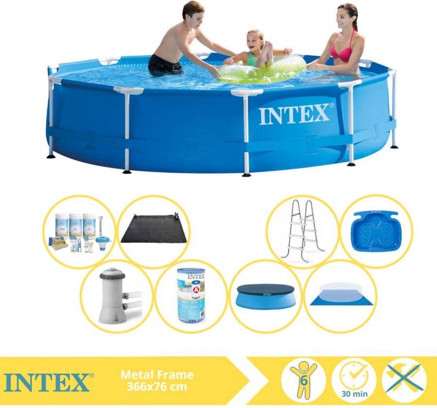 Intex Metal Frame Zwembad Opzetzwembad 366x76 cm Inclusief Afdekzeil Onderhoudspakket Filter Grondzeil Solar Mat Trap en Voetenbad