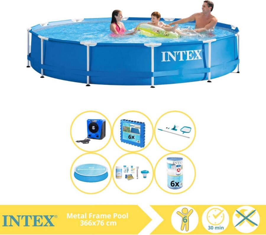 Intex Metal Frame Zwembad Opzetzwembad 366x76 cm Inclusief Solarzeil Onderhoudspakket Filter Onderhoudsset Zwembadtegels en Warmtepomp HS