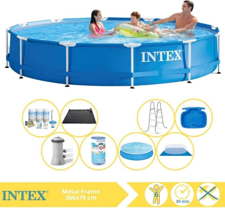 Intex Metal Frame Zwembad Opzetzwembad 366x76 cm Inclusief Solarzeil Onderhoudspakket Zwembadpomp Filter Grondzeil Solar Mat Trap en Voetenbad