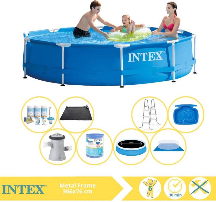 Intex Metal Frame Zwembad Opzetzwembad 366x76 cm Inclusief Solarzeil Pro Onderhoudspakket Filter Grondzeil Solar Mat Trap en Voetenbad