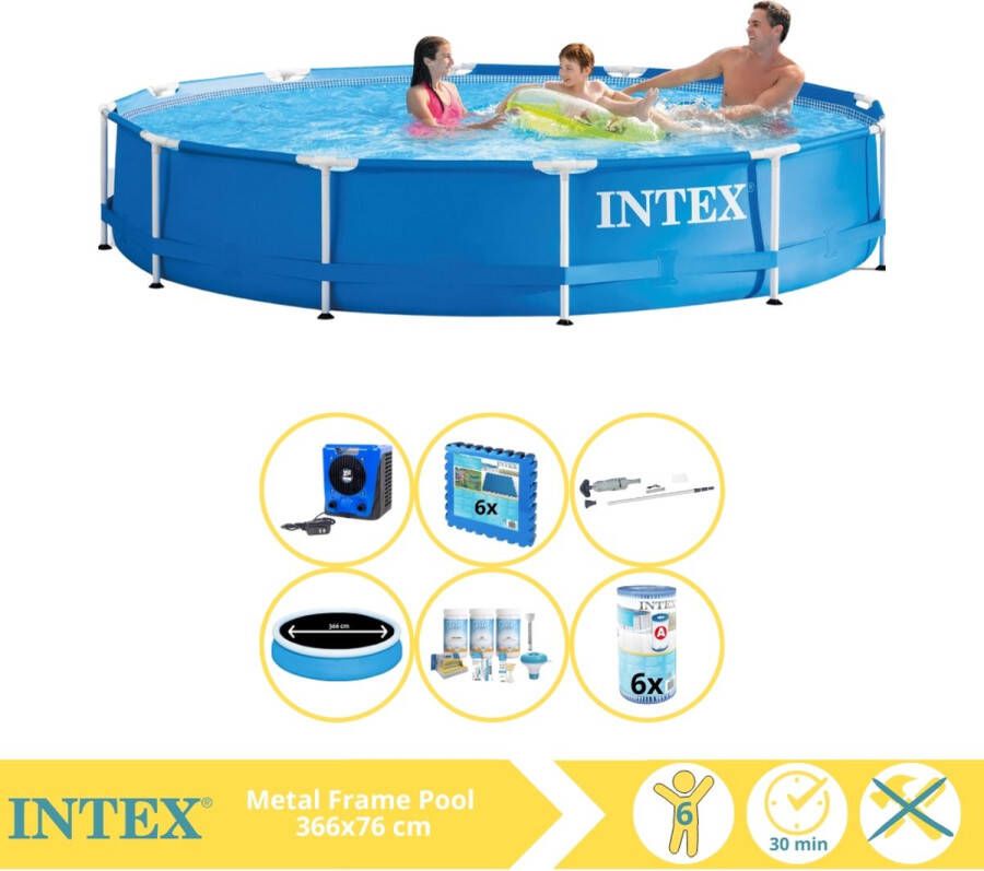 Intex Metal Frame Zwembad Opzetzwembad 366x76 cm Inclusief Solarzeil Pro Onderhoudspakket Filter Stofzuiger Zwembadtegels en Warmtepomp HS