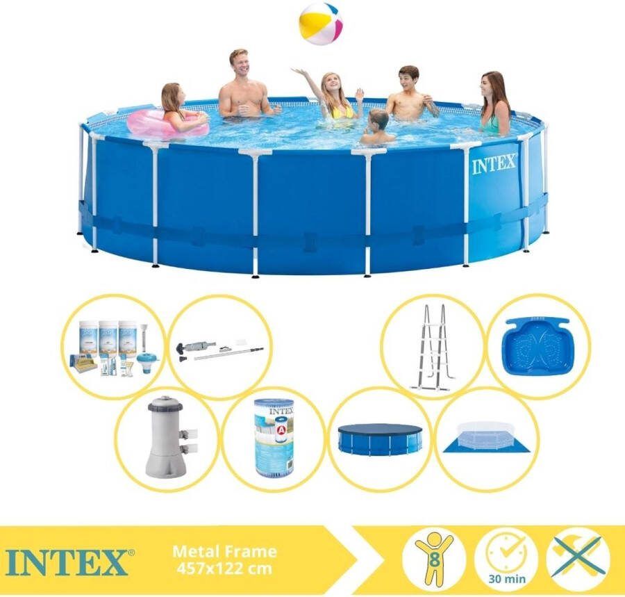 Intex Metal Frame Zwembad Opzetzwembad 457x122 cm Inclusief Onderhoudspakket Filter Stofzuiger en Voetenbad