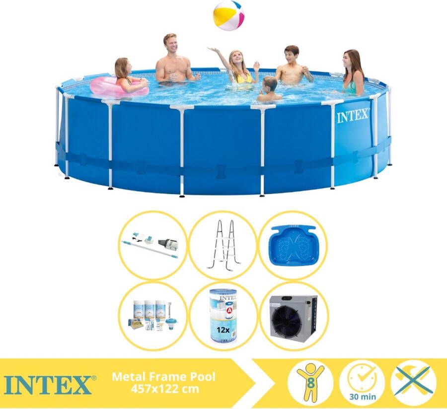 Intex Metal Frame Zwembad Opzetzwembad 457x122 cm Inclusief Onderhoudspakket Filter Stofzuiger Trap Voetenbad en Warmtepomp CP