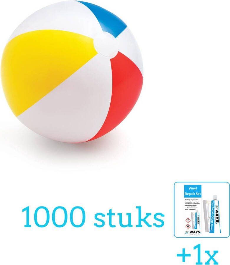 Intex Opblaasbare Strandbal Glossy Medium 51 cm 59020NP Diameter 51 cm 1000 stuks Voordeelverpakking Inclusief WAYS Reparatiesetje (1 stuks)