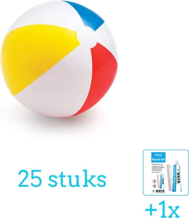 Intex Opblaasbare Strandbal Glossy Medium 51 cm 59020NP Diameter 51 cm 25 stuks Voordeelverpakking Inclusief WAYS Reparatiesetje (1 stuks)