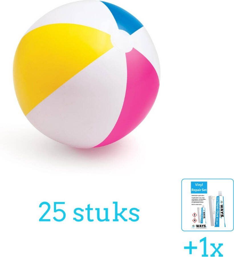 Intex Opblaasbare Strandbal Glossy Medium 61 cm 59030NP Diameter 61 cm 25 stuks Voordeelverpakking Inclusief WAYS Reparatiesetje (1 stuks)