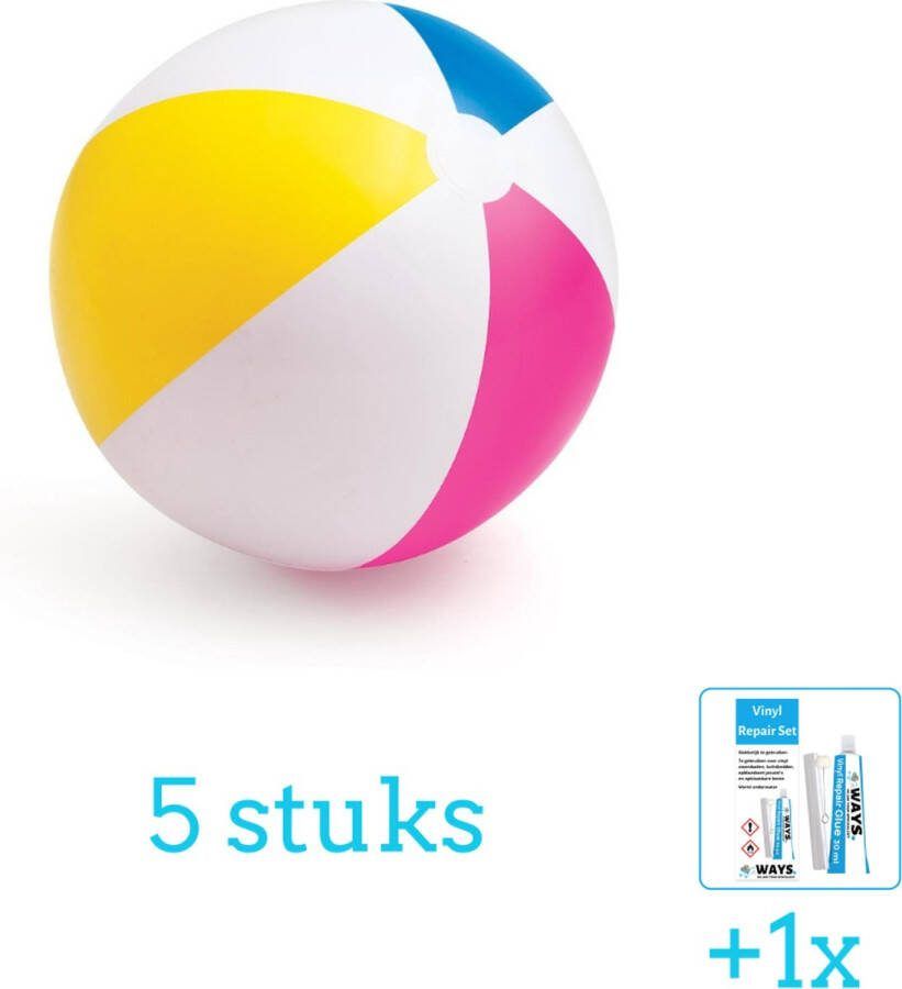 Intex Opblaasbare Strandbal Glossy Medium 61 cm 59030NP Diameter 61 cm 5 stuks Voordeelverpakking Inclusief WAYS Reparatiesetje (1 stuks)