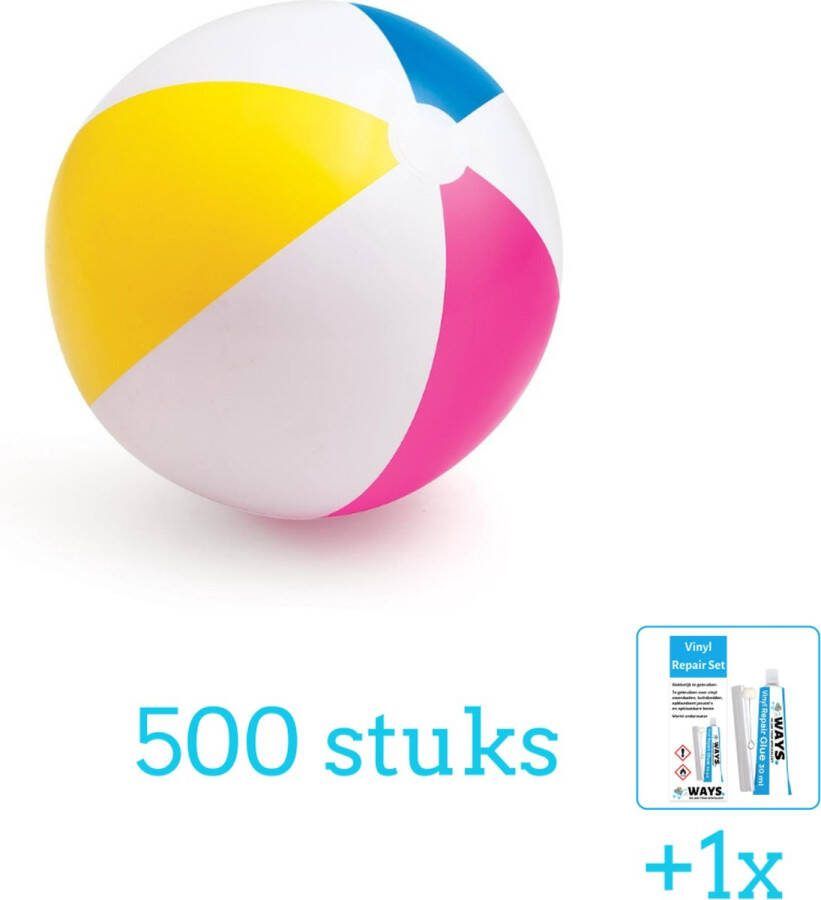 Intex Opblaasbare Strandbal Glossy Medium 61 cm 59030NP Diameter 61 cm 500 stuks Voordeelverpakking Inclusief WAYS Reparatiesetje (1 stuks)