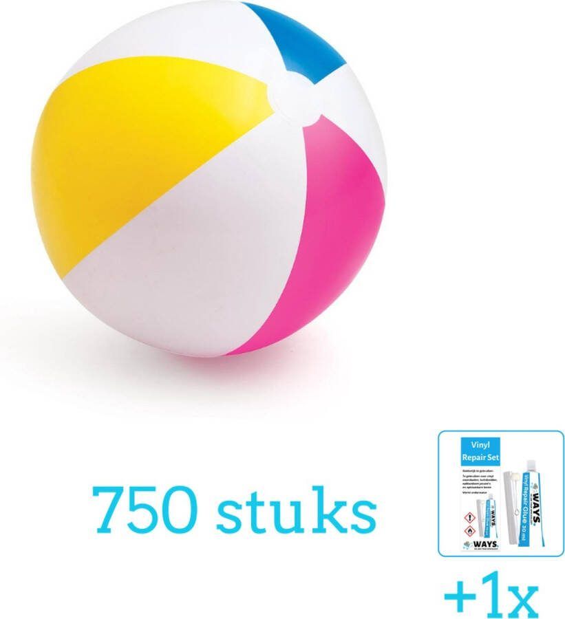 Intex Opblaasbare Strandbal Glossy Medium 61 cm 59030NP Diameter 61 cm 750 stuks Voordeelverpakking Inclusief WAYS Reparatiesetje (1 stuks)