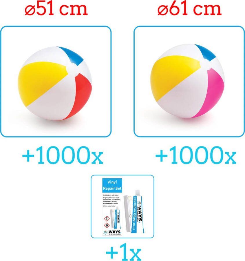 Intex Opblaasbare Strandballen Strandbal Voordeelverpakking 2 x 1000 stuks Strandbal Jumbo Diameter 51 en 61 cm Ideal voor Festivals Inclusief handig Reparatiesetje