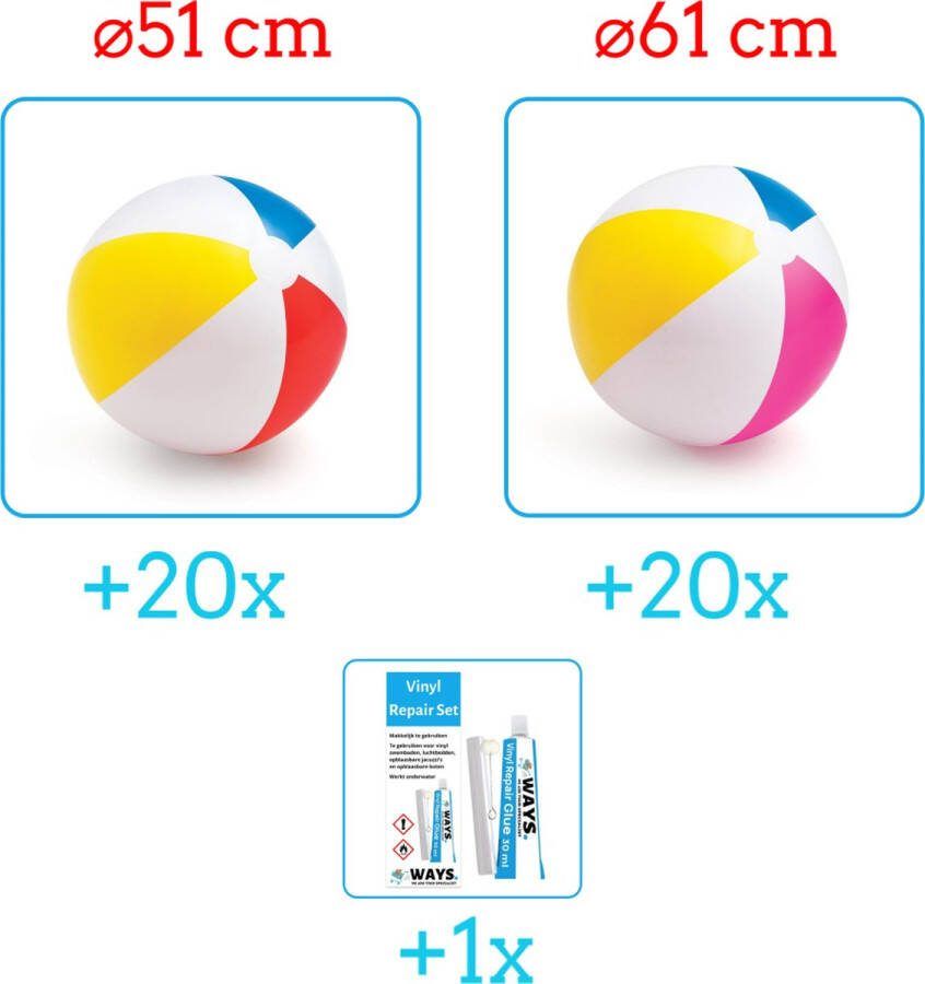 Intex Opblaasbare Strandballen Strandbal Voordeelverpakking 2 x 20 stuks Strandbal Jumbo Diameter 51 en 61 cm Ideal voor Festivals Inclusief handig Reparatiesetje