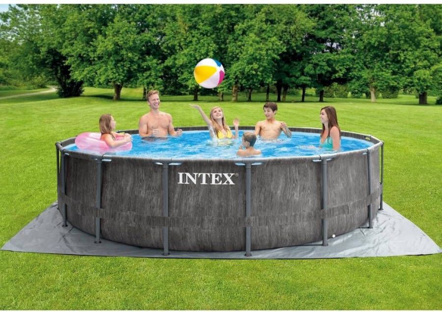 Intex Prism Frame Greywood Zwembad Opzetzwembad 457x122 cm Inclusief Onderhoudspakket Filter Zwembad Stofzuiger en Voetenbad