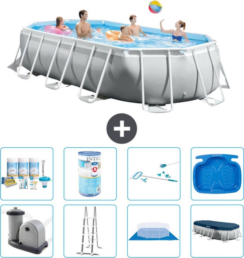 Intex Prism Frame Intex Ovaal Prism Frame Zwembad 503 x 274 x 122 cm Grijs Inclusief Pomp Ladder Grondzeil Afdekzeil Onderhoudspakket Filter Schoonmaakset Voetenbad