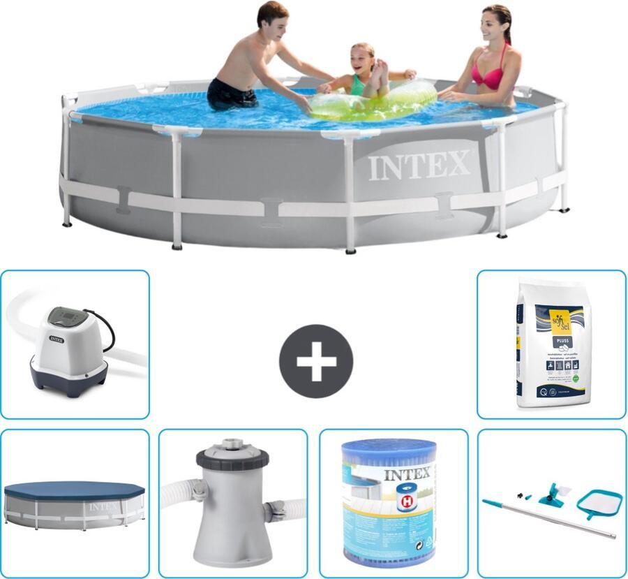 Intex Prism Frame Intex Rond Prism Frame Zwembad 305 x 76 cm Grijs Inclusief Afdekzeil Zwembadfilterpomp Filter Schoonmaakset Zoutwatersysteem Zwembadzout