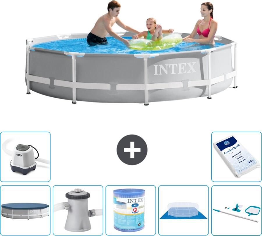Intex Prism Frame Intex Rond Prism Frame Zwembad 305 x 76 cm Grijs Inclusief Afdekzeil Zwembadfilterpomp Filter Grondzeil Schoonmaakset Zoutwatersysteem Zwembadzout