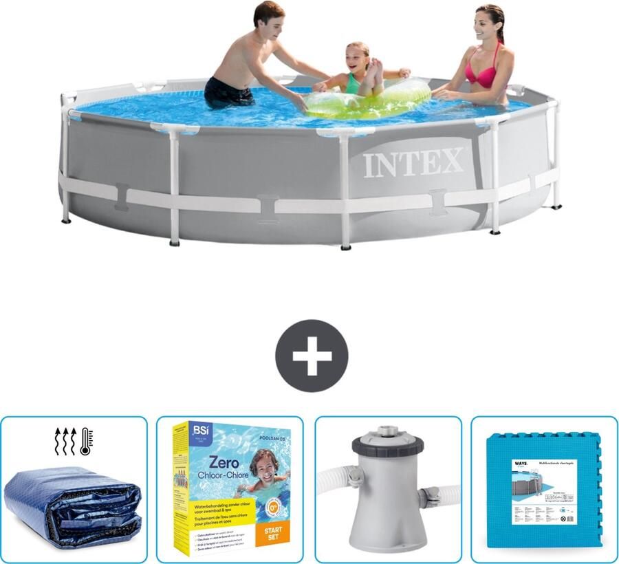 Intex Prism Frame Intex Rond Prism Frame Zwembad 305 x 76 cm Grijs Inclusief Solarzeil Onderhoudspakket Zwembadfilterpomp Vloertegels