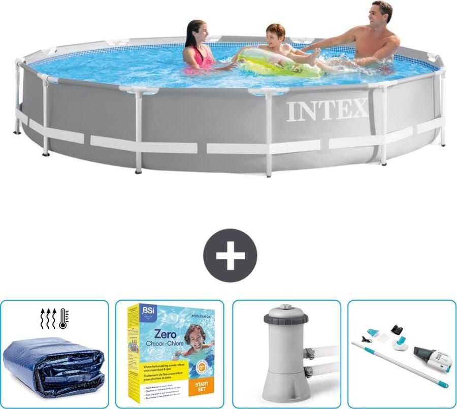 Intex Prism Frame Intex Rond Prism Frame Zwembad 366 x 76 cm Grijs Inclusief Solarzeil Onderhoudspakket Zwembadfilterpomp Stofzuiger