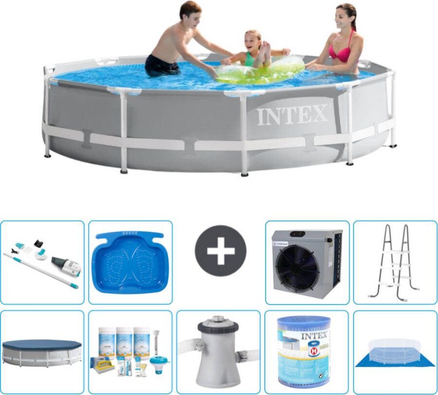 Intex Prism Frame Intex Rond Prism Frame Zwembad 305 x 76 cm Grijs Inclusief Afdekzeil Onderhoudspakket Zwembadfilterpomp Filter Grondzeil Stofzuiger Ladder Voetenbad Warmtepomp