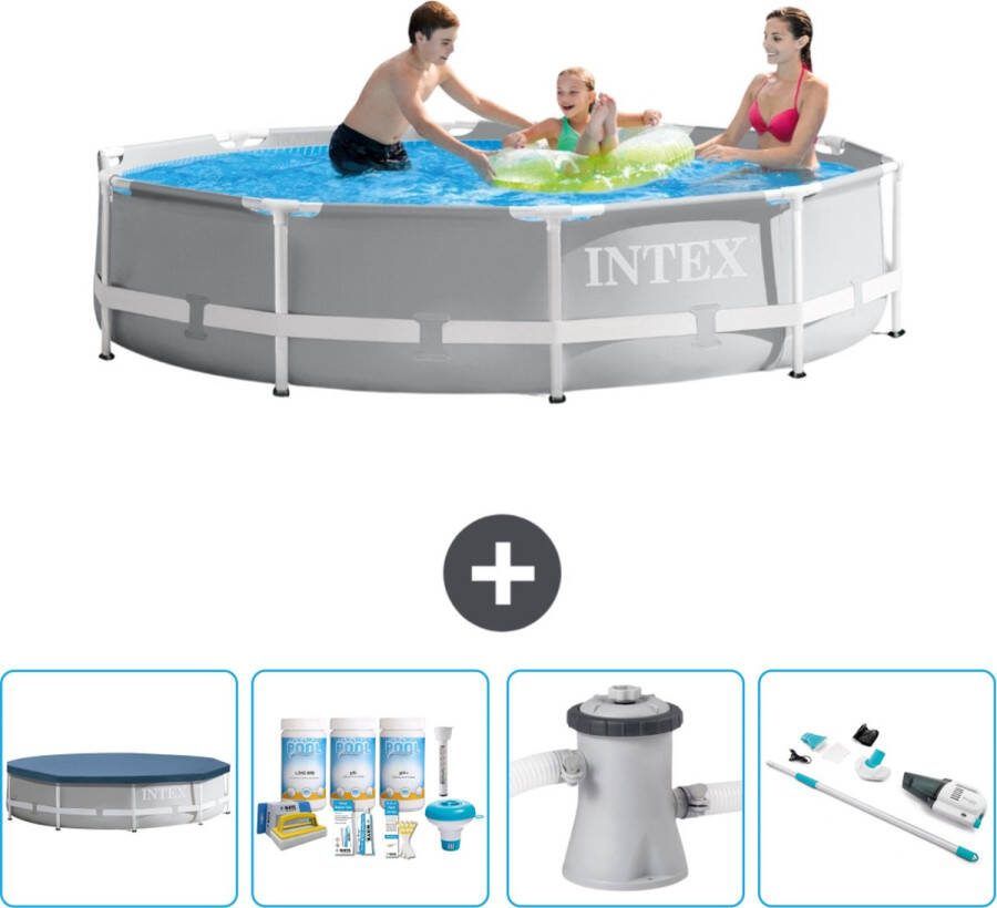 Intex Prism Frame Intex Rond Prism Frame Zwembad 305 x 76 cm Grijs Inclusief Afdekzeil Onderhoudspakket Zwembadfilterpomp Stofzuiger