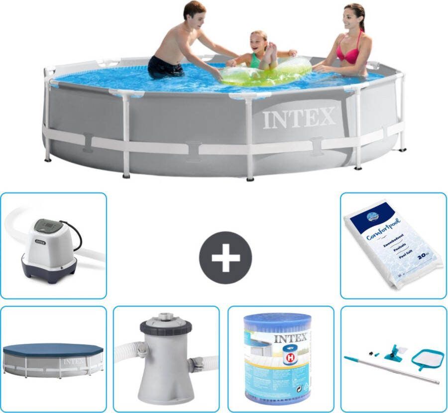 Intex Prism Frame Intex Rond Prism Frame Zwembad 305 x 76 cm Grijs Inclusief Afdekzeil Zwembadfilterpomp Filter Schoonmaakset Zoutwatersysteem Zwembadzout
