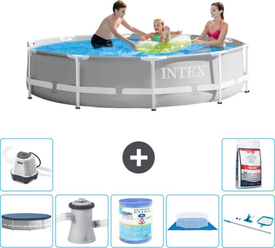 Intex Prism Frame Intex Rond Prism Frame Zwembad 305 x 76 cm Grijs Inclusief Afdekzeil Zwembadfilterpomp Filter Grondzeil Schoonmaakset Zoutwatersysteem Zwembadzout