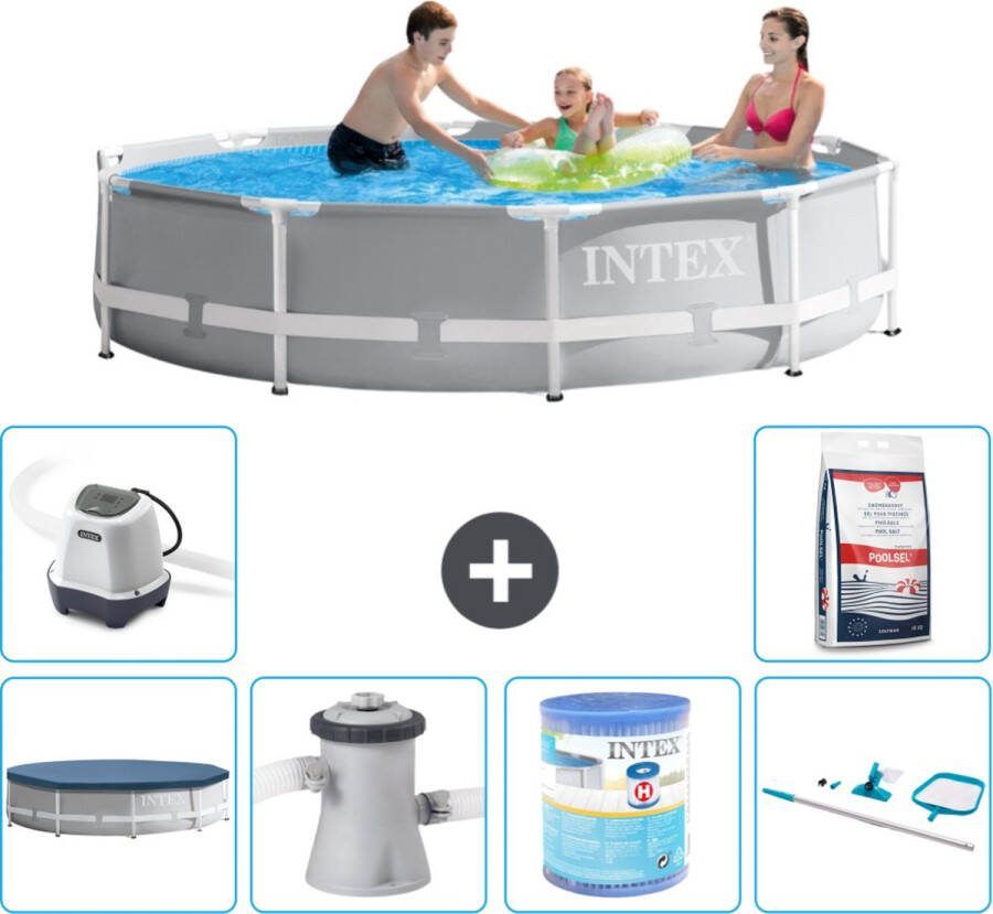 Intex Prism Frame Intex Rond Prism Frame Zwembad 305 x 76 cm Grijs Inclusief Afdekzeil Zwembadfilterpomp Filter Schoonmaakset Zoutwatersysteem Zwembadzout
