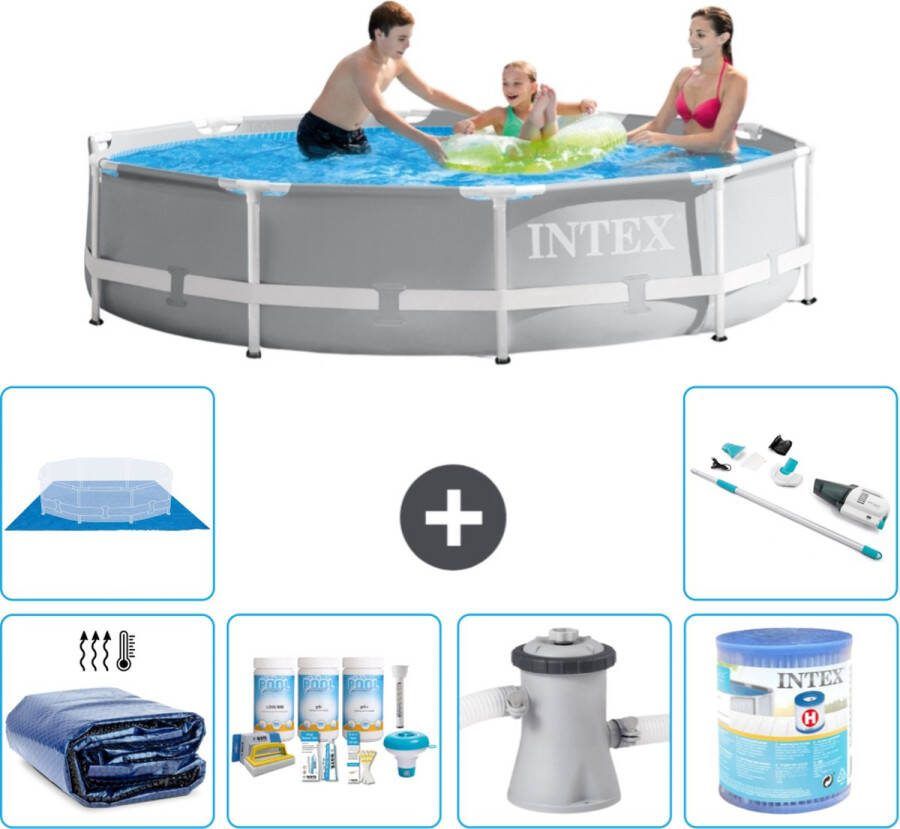 Intex Prism Frame Intex Rond Prism Frame Zwembad 305 x 76 cm Grijs Inclusief Solarzeil Onderhoudspakket Zwembadfilterpomp Filter Grondzeil Stofzuiger