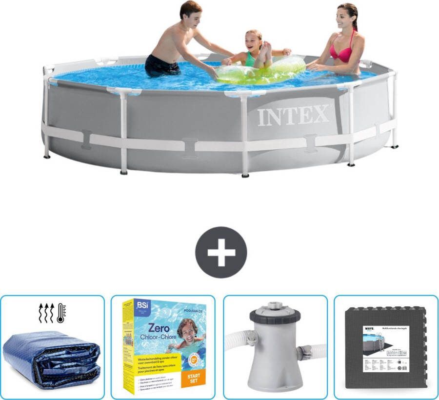 Intex Prism Frame Intex Rond Prism Frame Zwembad 305 x 76 cm Grijs Inclusief Solarzeil Onderhoudspakket Zwembadfilterpomp Vloertegels