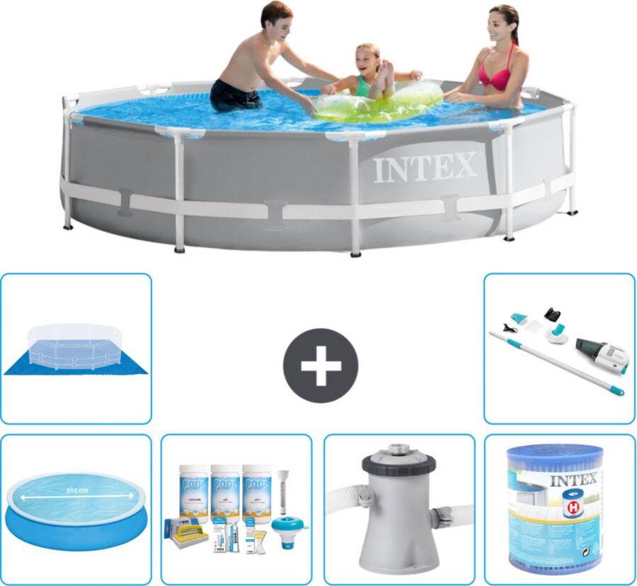 Intex Prism Frame Intex Rond Prism Frame Zwembad 305 x 76 cm Grijs Inclusief Solarzeil Onderhoudspakket Zwembadfilterpomp Filter Grondzeil Stofzuiger