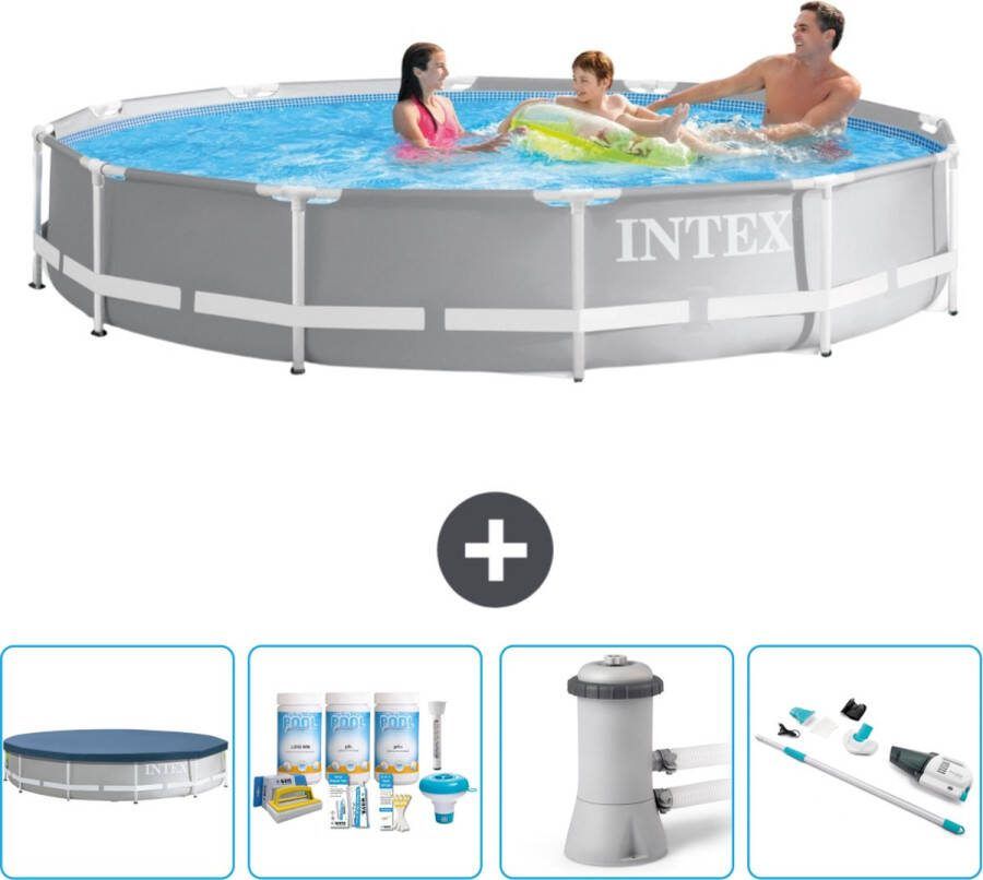 Intex Prism Frame Intex Rond Prism Frame Zwembad 366 x 76 cm Grijs Inclusief Afdekzeil Onderhoudspakket Zwembadfilterpomp Stofzuiger