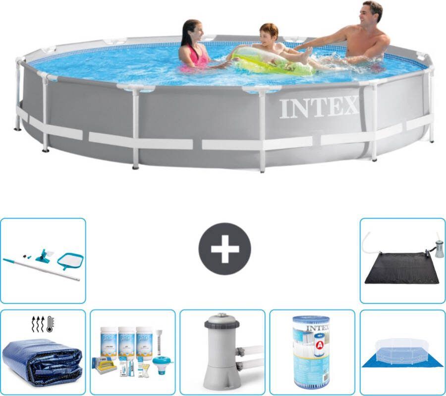 Intex Prism Frame Intex Rond Prism Frame Zwembad 366 x 76 cm Grijs Inclusief Solarzeil Onderhoudspakket Zwembadfilterpomp Filter Grondzeil Schoonmaakset Solar Mat