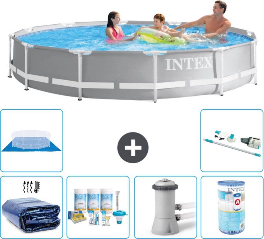 Intex Prism Frame Intex Rond Prism Frame Zwembad 366 x 76 cm Grijs Inclusief Solarzeil Onderhoudspakket Zwembadfilterpomp Filter Grondzeil Stofzuiger