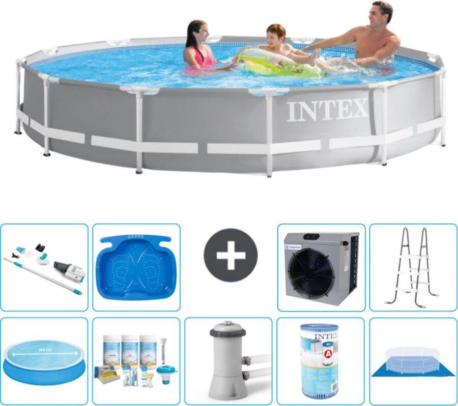 Intex Prism Frame Intex Rond Prism Frame Zwembad 366 x 76 cm Grijs Inclusief Solarzeil Onderhoudspakket Zwembadfilterpomp Filter Grondzeil Stofzuiger Ladder Voetenbad Warmtepomp