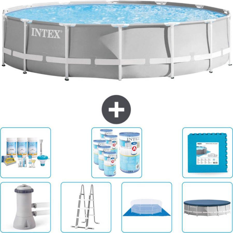 Intex Prism Frame Intex Rond Prism Frame Zwembad 427 x 107 cm Grijs Inclusief Pomp Ladder Grondzeil Afdekzeil Onderhoudspakket Filters Vloertegels