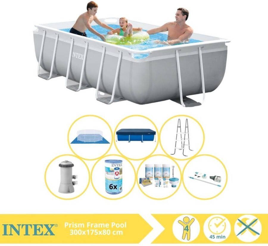 Intex Prism Frame Zwembad Opzetzwembad 300x175x80 cm Inclusief Afdekzeil Onderhoudspakket Filter Grondzeil en Stofzuiger