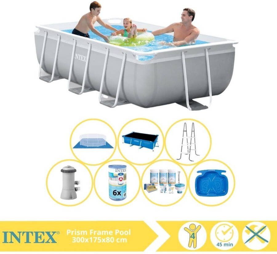 Intex Prism Frame Zwembad Opzetzwembad 300x175x80 cm Inclusief Solarzeil Onderhoudspakket Filter Grondzeil en Voetenbad