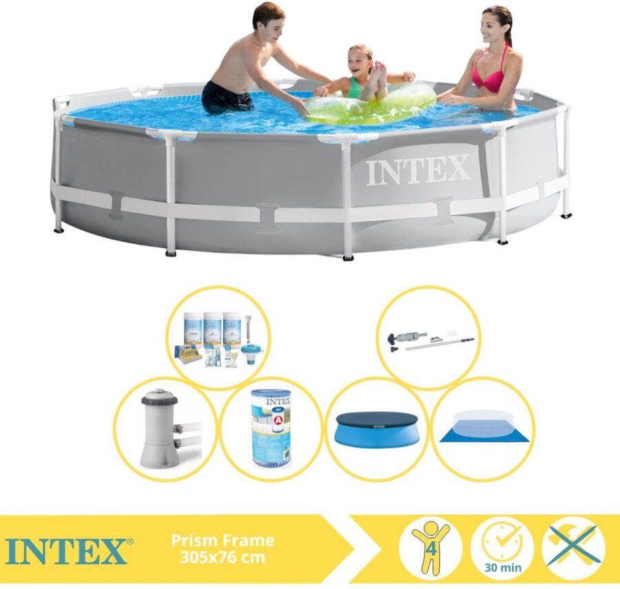 Intex Prism Frame Zwembad Opzetzwembad 305x76 cm Inclusief Afdekzeil Onderhoudspakket Filter Grondzeil en Stofzuiger