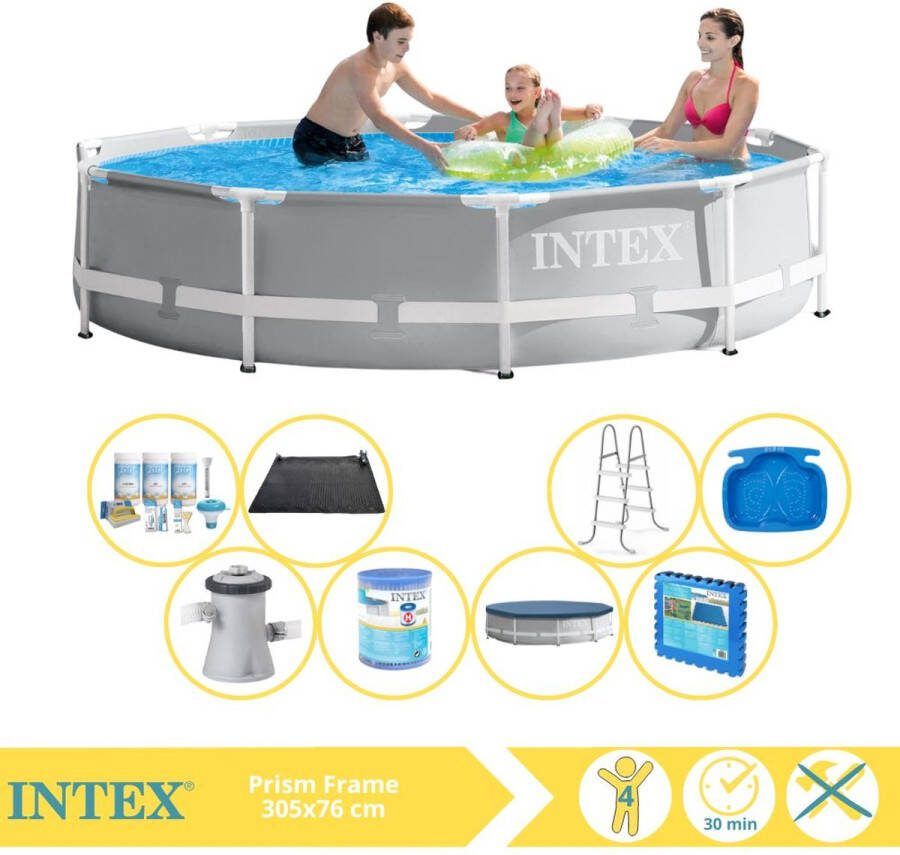Intex Prism Frame Zwembad Opzetzwembad 305x76 cm Inclusief Afdekzeil Onderhoudspakket Filter Solar Mat Trap Voetenbad en Zwembadtegels
