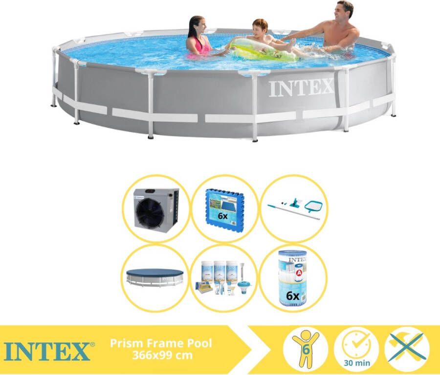 Intex Prism Frame Zwembad Opzetzwembad 366x76 cm Inclusief Afdekzeil Onderhoudspakket Filter Onderhoudsset Zwembadtegels en Warmtepomp CP