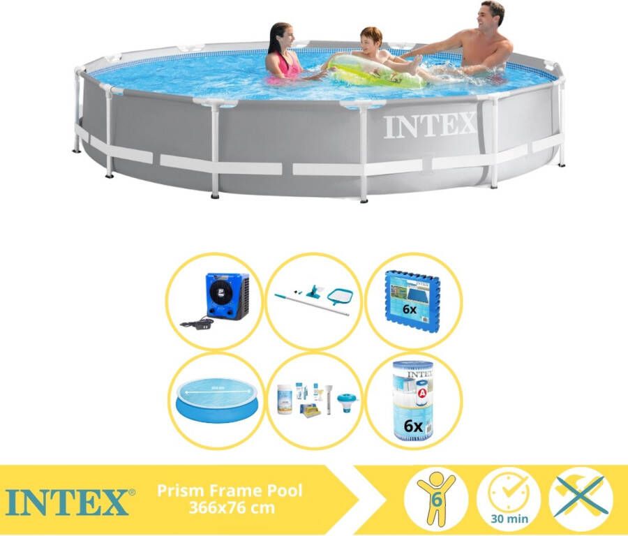 Intex Prism Frame Zwembad Opzetzwembad 366x76 cm Inclusief Solarzeil Onderhoudspakket Filter Onderhoudsset Zwembadtegels en Warmtepomp HS