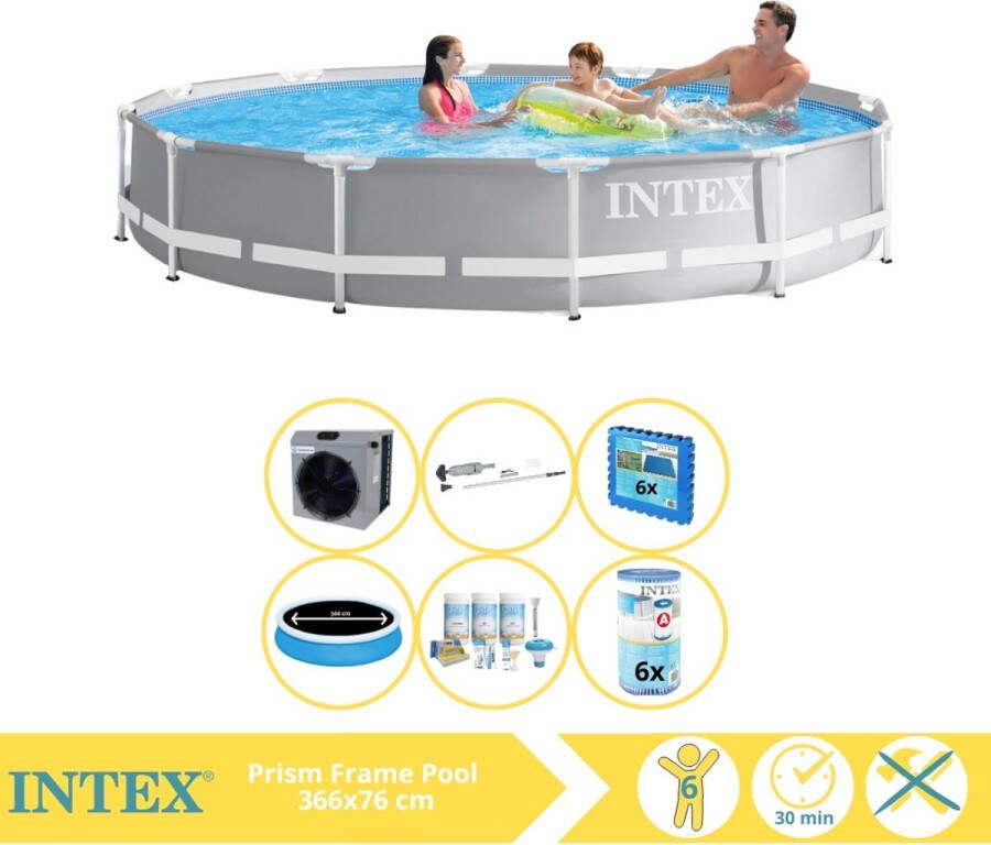 Intex Prism Frame Zwembad Opzetzwembad 366x76 cm Inclusief Solarzeil Pro Onderhoudspakket Filter Stofzuiger Zwembadtegels en Warmtepomp HS