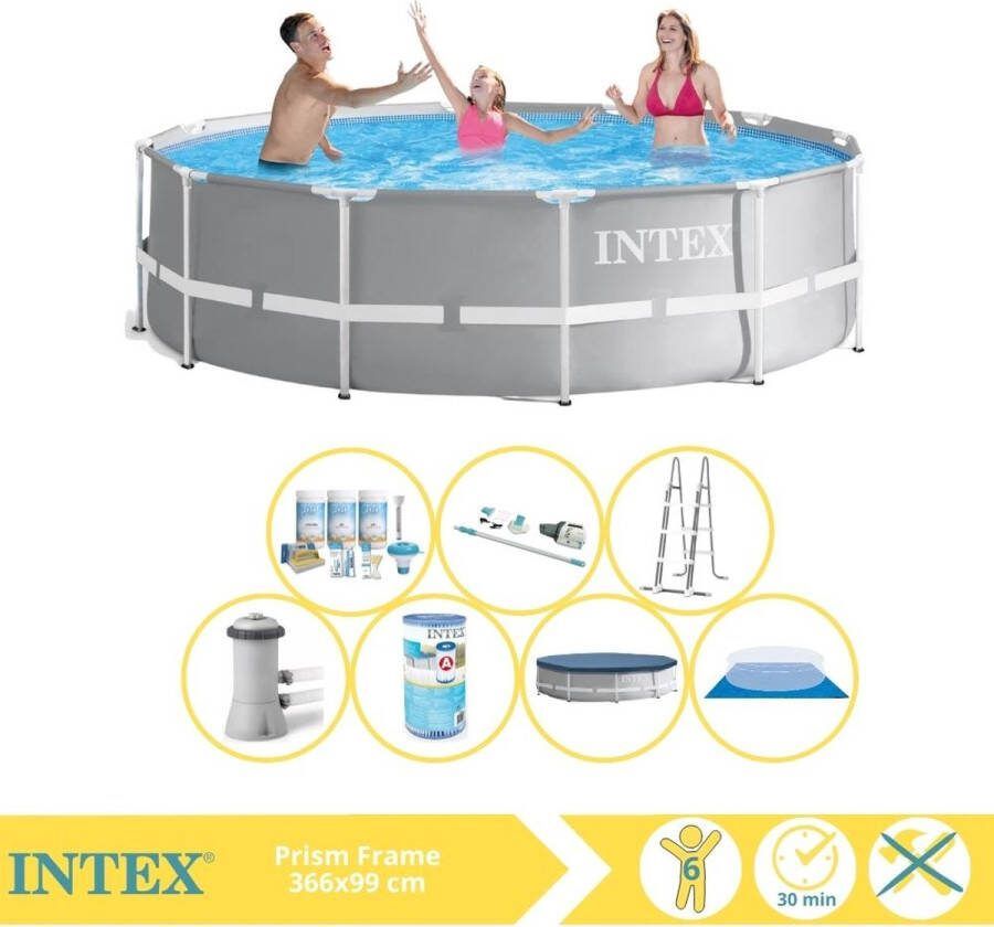 Intex Prism Frame Zwembad Opzetzwembad 366x99 cm Inclusief Afdekzeil Onderhoudspakket Filter Grondzeil en Stofzuiger