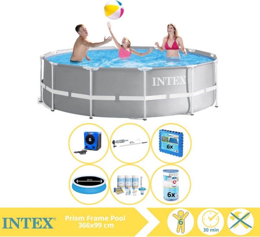 Intex Prism Frame Zwembad Opzetzwembad 366x99 cm Inclusief Solarzeil Pro Onderhoudspakket Filter Stofzuiger Zwembadtegels en Warmtepomp HS