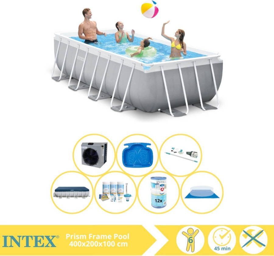 Intex Prism Frame Zwembad Opzetzwembad 400x200x100 cm Inclusief Afdekzeil Onderhoudspakket Filter Grondzeil Stofzuiger Voetenbad en Warmtepomp CP