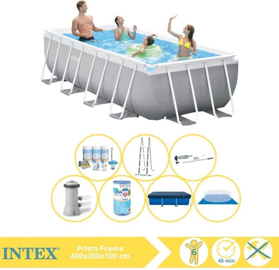 Intex Prism Frame Zwembad Opzetzwembad 400x200x100 cm Inclusief Afdekzeil Onderhoudspakket Filter Grondzeil en Stofzuiger