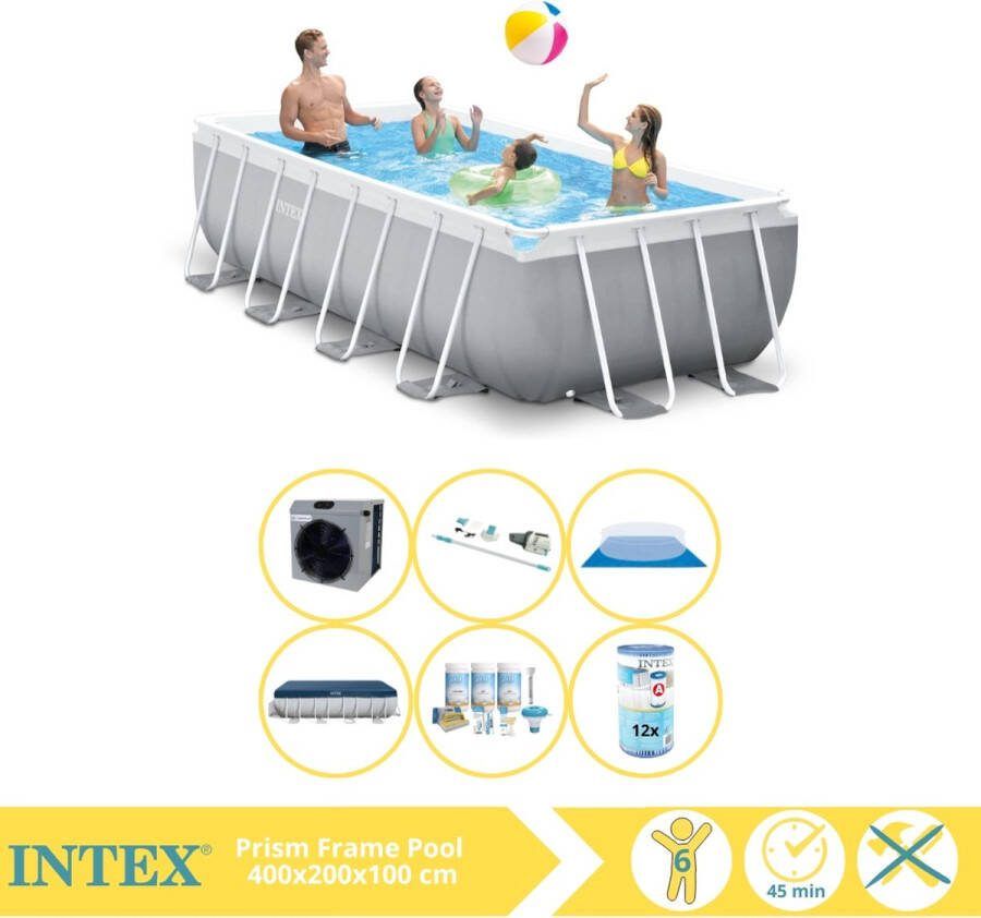 Intex Prism Frame Zwembad Opzetzwembad 400x200x100 cm Inclusief Afdekzeil Onderhoudspakket Filter Grondzeil Stofzuiger en Warmtepomp CP